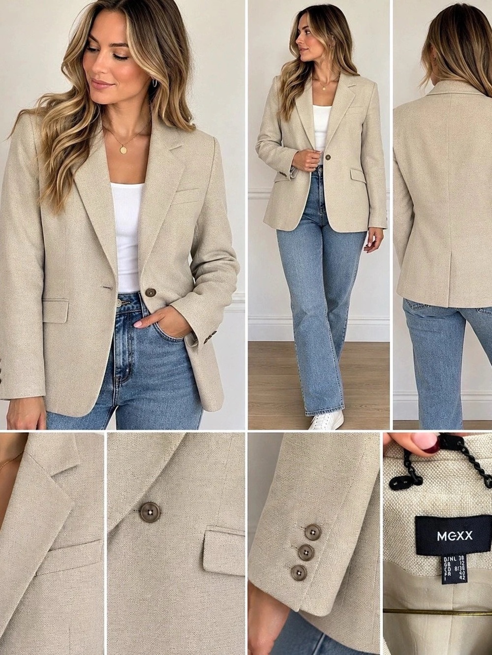 MEXX Linen Blend One-Button Blazer in Beige Size Medium